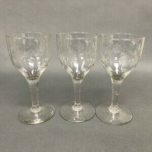 Wine‎ Glasses Etched Flowers Floral Clear Glass 5 1/8" High Lot of 3